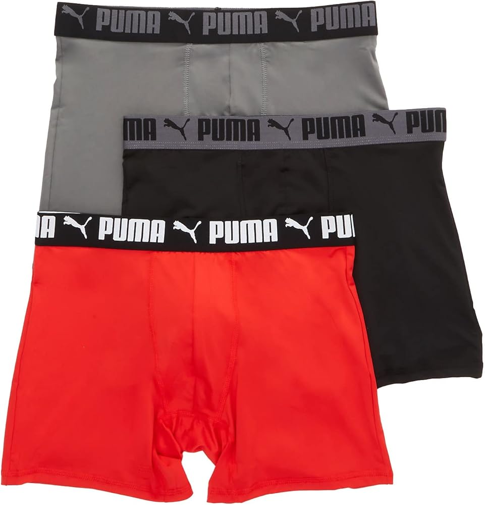 PUMA Men's 3 Pack Performance Boxer Briefs, Grey/Red/Black Solids, Small