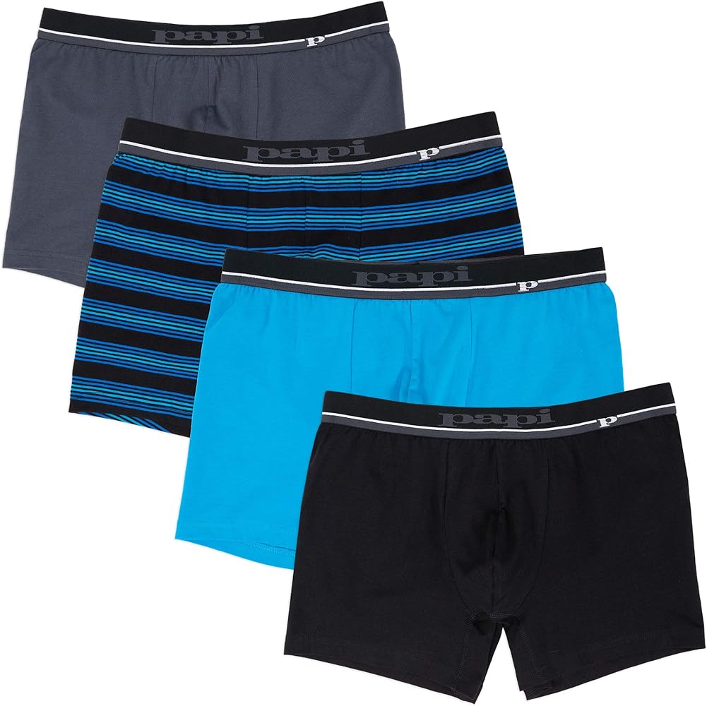 Papi Men's Cotton Stretch Yarn Dye Solid Boxer Briefs Pack of 4, Char Grey/Blue Stripe/Light Blue/Black, Small