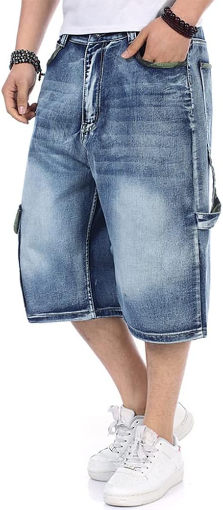 Mens Denim Cargo Shorts Loose Fit Hip Hop Jean Shorts