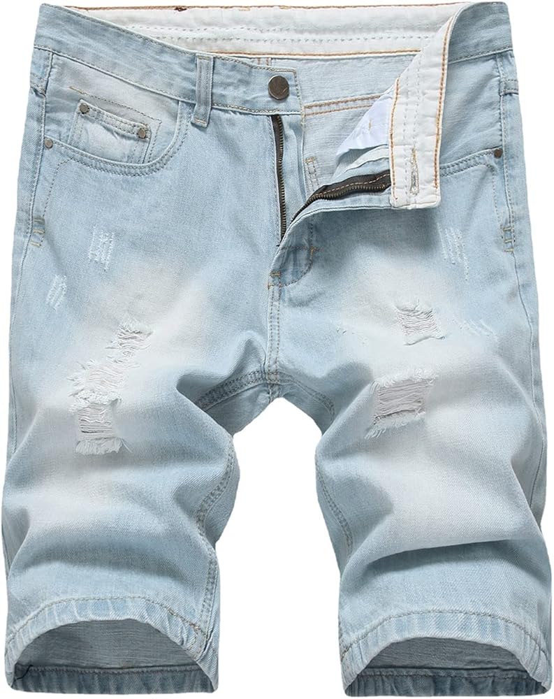 Men's Washed Ripped Denim Shorts Distressed Retro Moto Jean Short Holes Summer Classic Straight Jean Short Trousers (Light white blue,34)