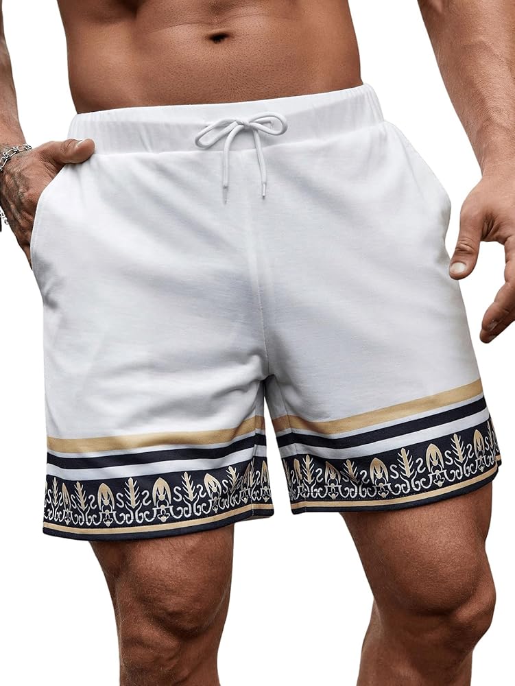 OYOANGLE Men's Colorblock Graphic Elastic Waist Tie Front Shorts Loose Track Shorts with Pocket