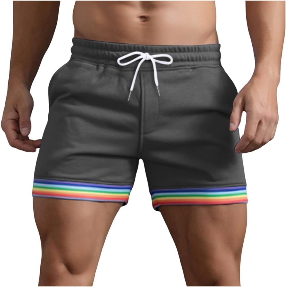 Mens Drawstring Elastic Shorts Solid Rainbow Hem Summer Beach Athletic Pocket Sweat Shorts Sports Running Shorts