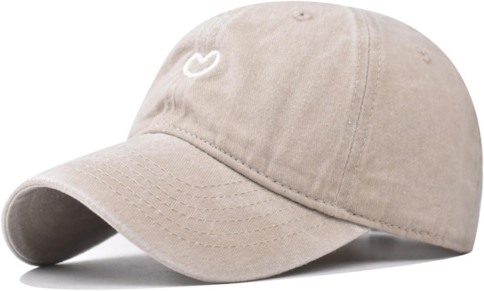 Vintage Washed Cotton Baseball Cap for Women Men Small Heart Embroidered Tuck Strap