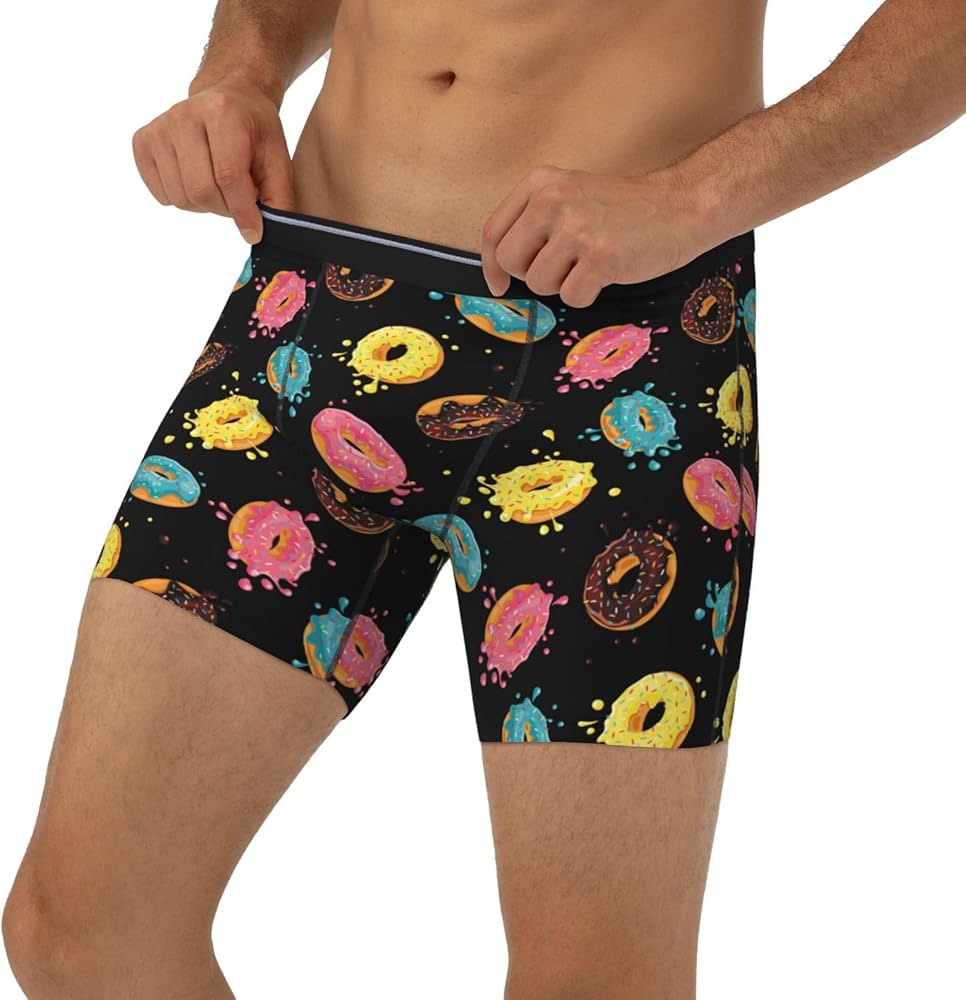 Novastar Mens Extended Length Boxer Briefs - Colourful Donut Print Black Mens Underwear Boxer Briefs With Elastic Band