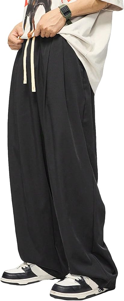 Floerns Men's Solid Drawstring Waist Pleated Hem Wide Leg Loose Fit Pants