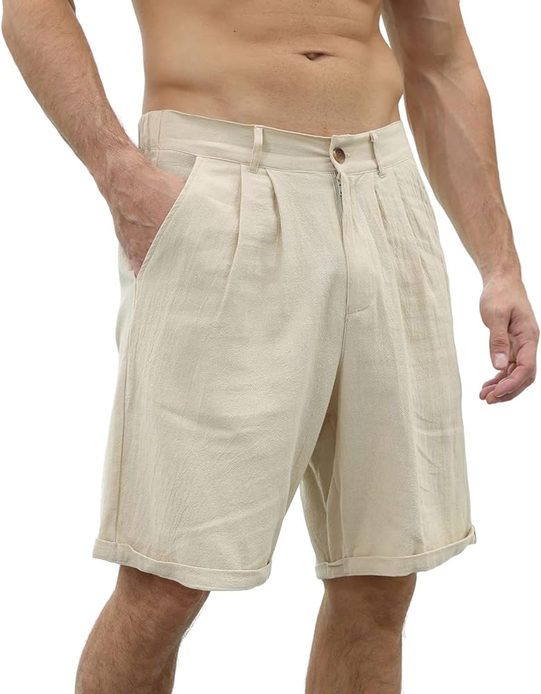 Men's Linen Casual Beach Shorts Cotton Classic Summer Shorts with Buttons Elastic Waist