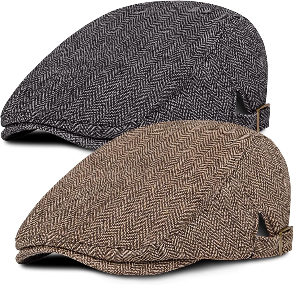 2 Pack Newsboy Hats for Men Classic Herringbone Tweed Wool Blend Flat Cap Ivy Cabbie Driving Hat