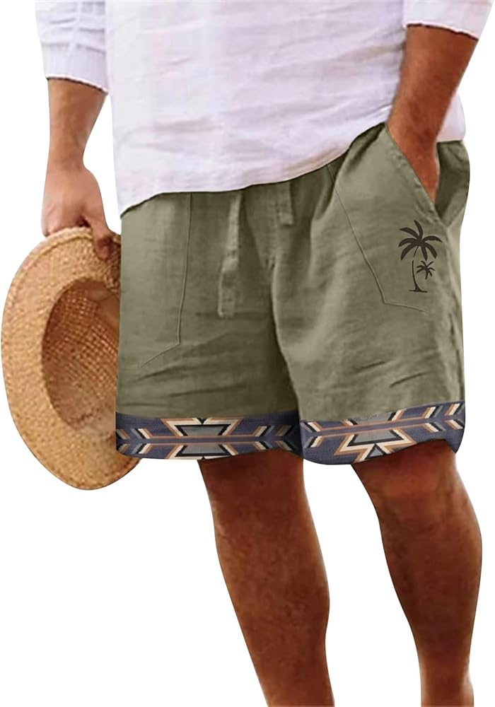 Shorts for Men Casual Summer Cotton Linen Shorts with Pockets Ethnic Printed Beach Shorts Baggy Summer Bottoms