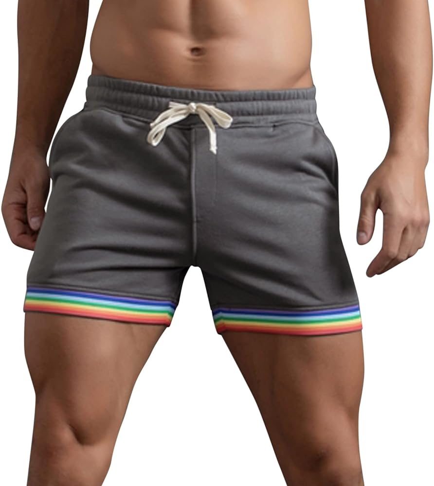 Pride Shorts Men Summer Solid Color Rainbow Stripe Shorts Pants Pocket Drawstring Loose Casual Gym Sports Running Shorts