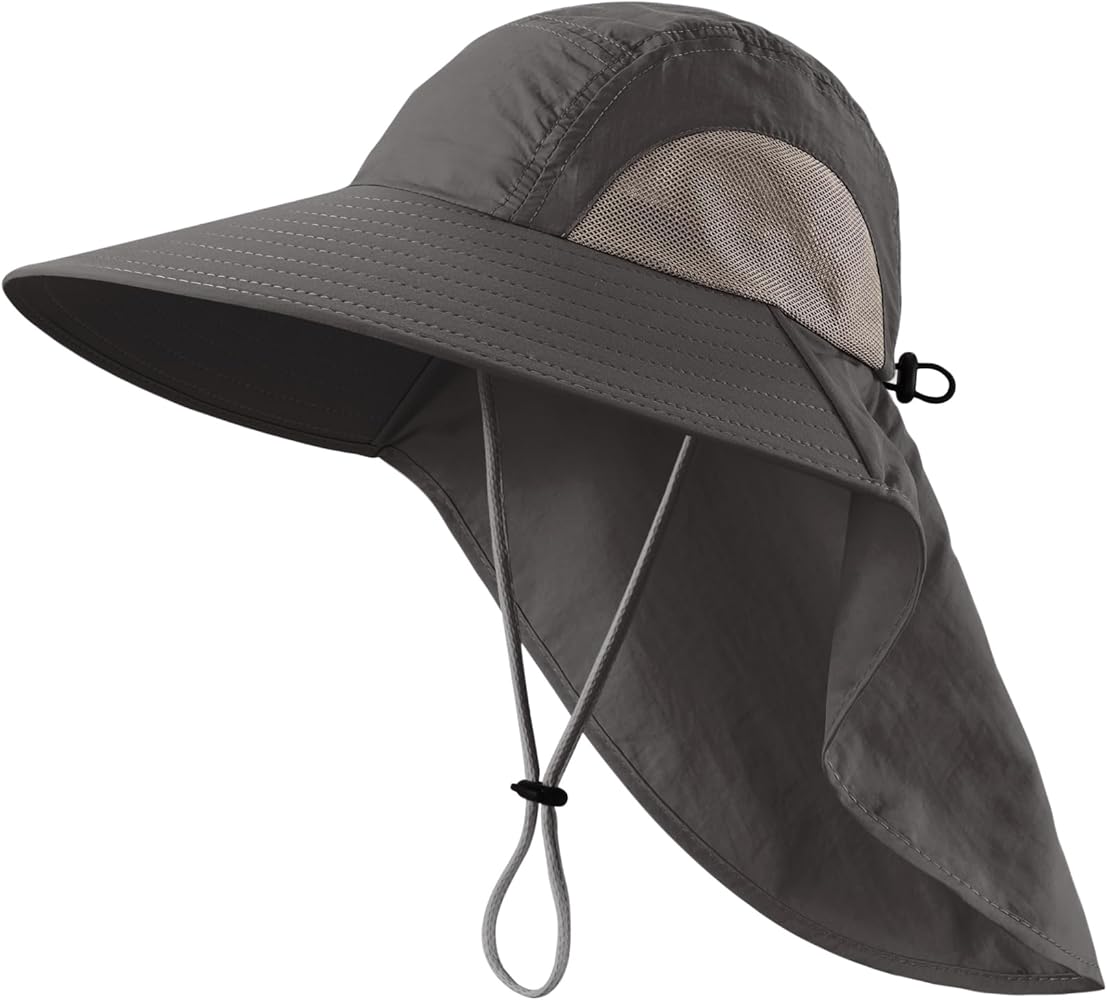 LLmoway Wide Brim Sun Hat with Neck Flap for Men Women Summer Outdoor UV Protection Breathable Fishing Hats with Strap