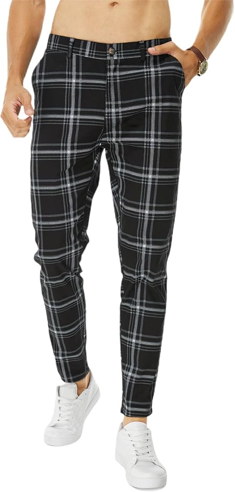 Floerns Men's Plaid Print Casual Work Pants Stretch Tapered Pants with Pocket