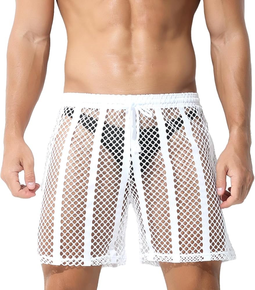 Evankin Mens Sexy stripe Fishnet Shorts See Through Mesh Loose Shorts Sheer Lounge Boxer Underwear Trunks