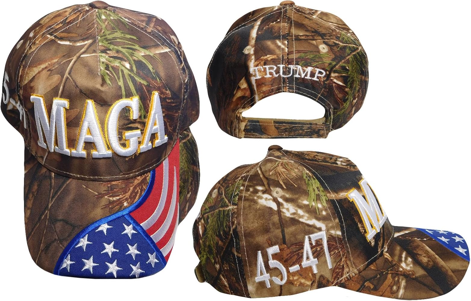 Trump MAGA 45-47 USA Flag On Bill Real Tree Camo Embroidered Baseball Cap Hat