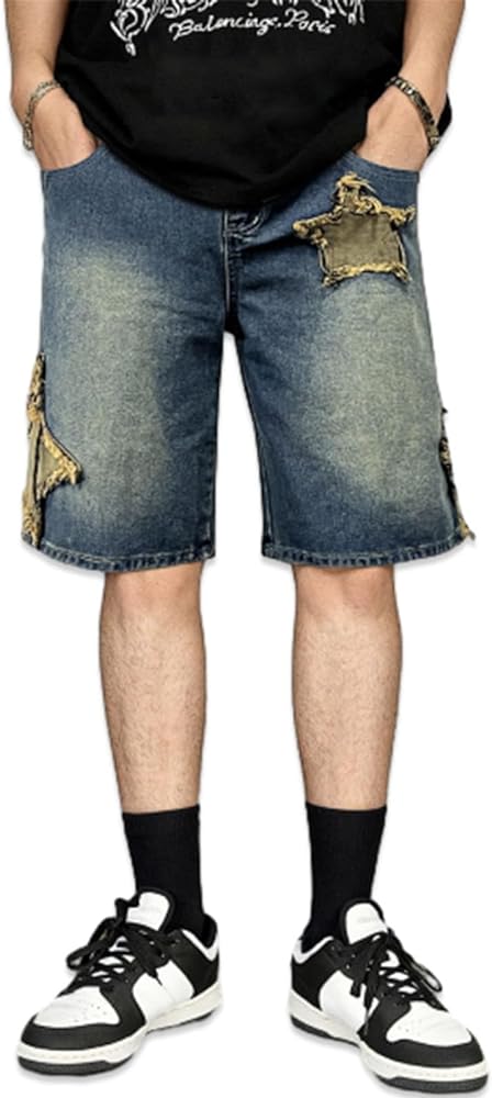 Star Patchwork Jean Shorts Men Baggy Jorts Y2K Unisex Grunge Graphic Streetwear Denim Shorts