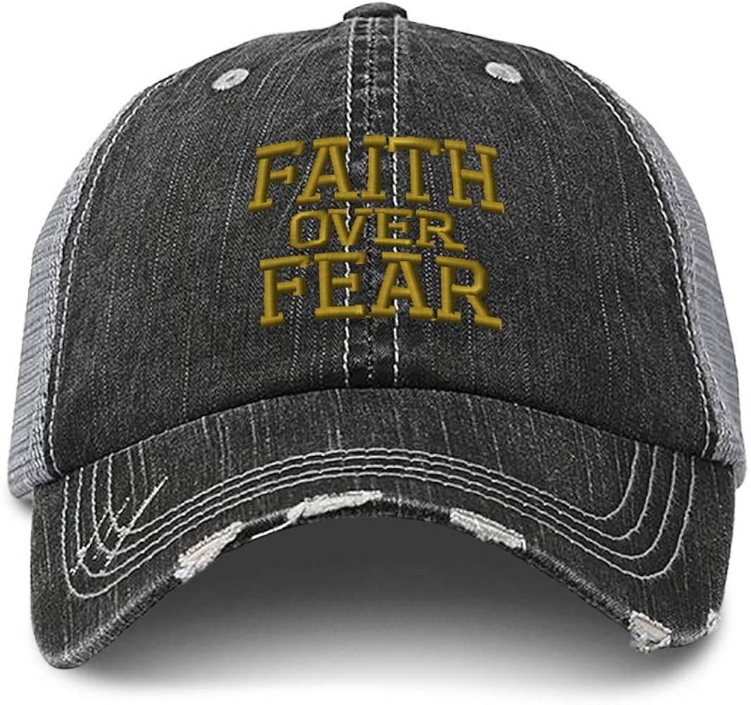 Distressed Trucker Hat Faith over Fear Embroidery for Men & Women Black Gray