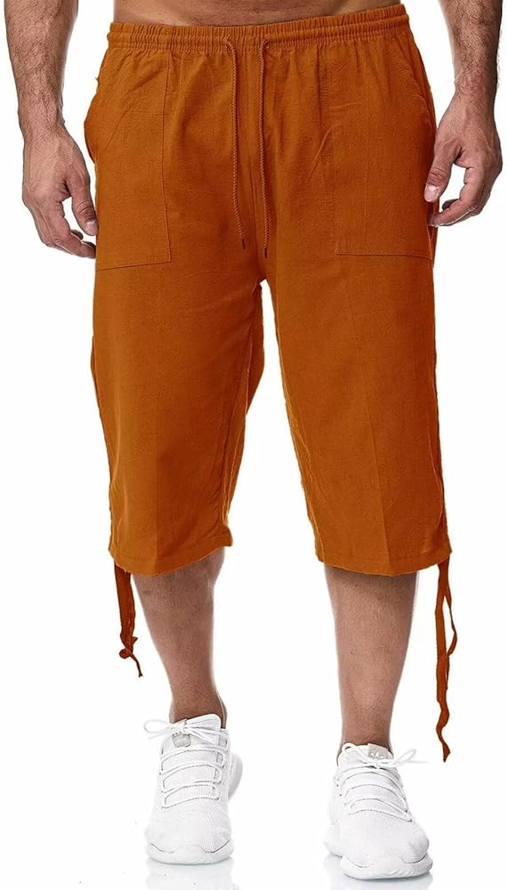 Rela Bota Men's Cotton Linen Pants Casual Beach 3/4 Shorts Summer Trousers Elastic Waist Lightweight