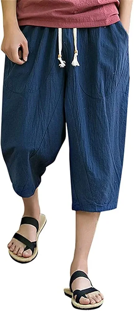 Men's Baggy Capri Long Shorts Casual Linen Elastic Waist Harem Pants Loose Fit Drawstring Yoga Beach 3/4 Pant