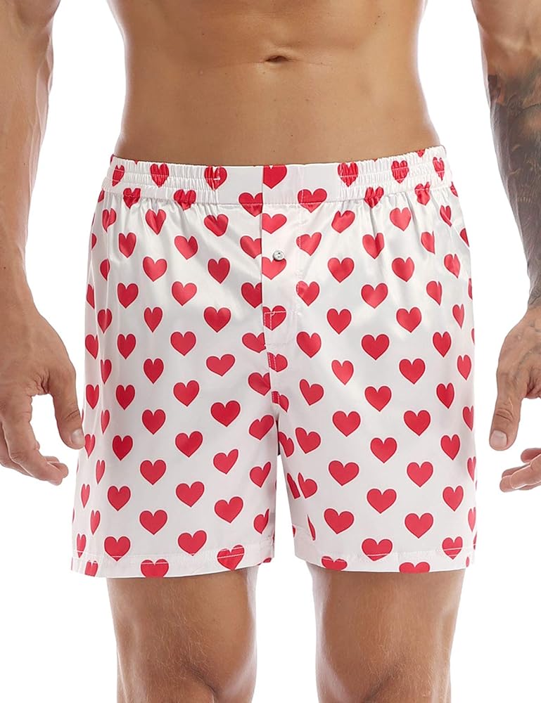 FEESHOW Men's Satin Boxers Silk Sleepwear Underwear Heart Print Shorts Beach Shorts