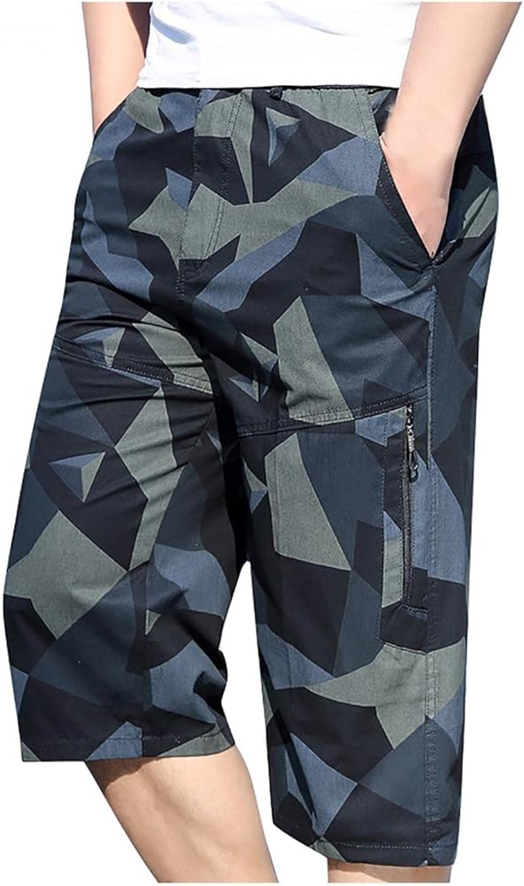 Mens Shorts, Men's Belted Tactical Camo Cargo Long Shorts 18" Inseam Below Knee Length Multi Pocket 3/4 Capri Pants