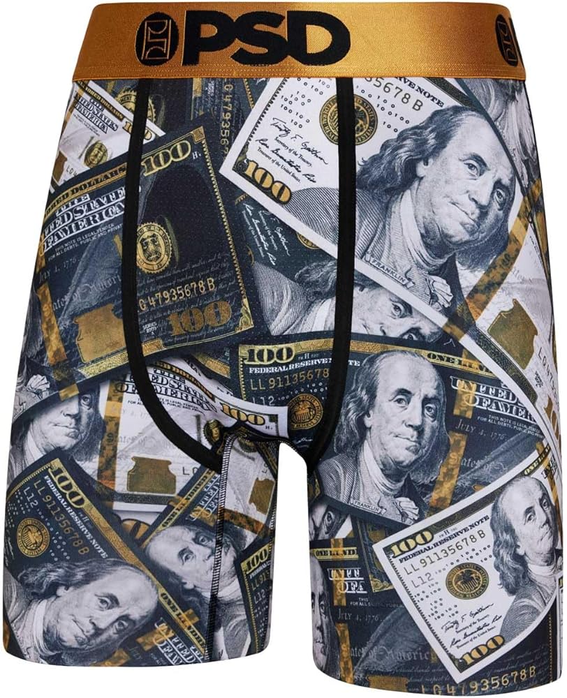 PSD Men's Money Print Boxer Briefs - 7 Inch Inseam Breathable and Supportive Men's Underwear with Moisture-Wicking Fabric