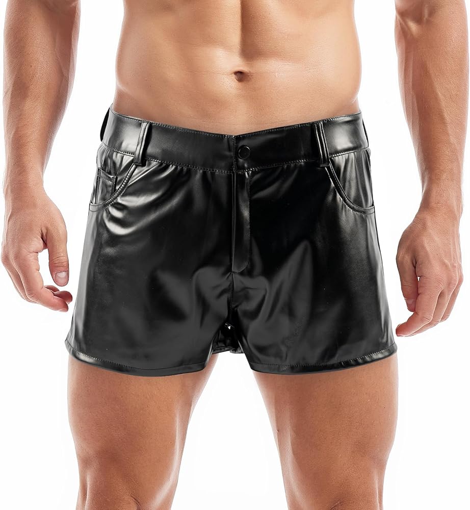 Mens Pu Leather Shorts Sexy Rave Hot Shorts Straight Leg Club Party Short Pants with Pockets