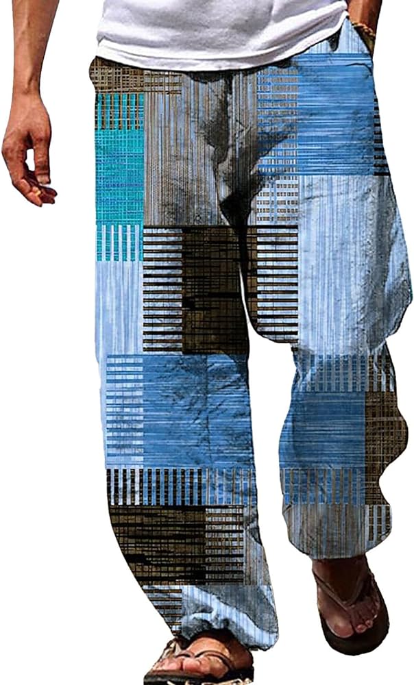 Men's Patchwork Plaid Summer Beach Pants Loose Fit Casual Lightweight Trousers Elastic Waist Lounge Pants with Pockets