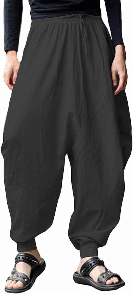 Men Elastic Waist Harem Pants Loose Drawstring Drop Crotch Trousers (Small, Black-2)