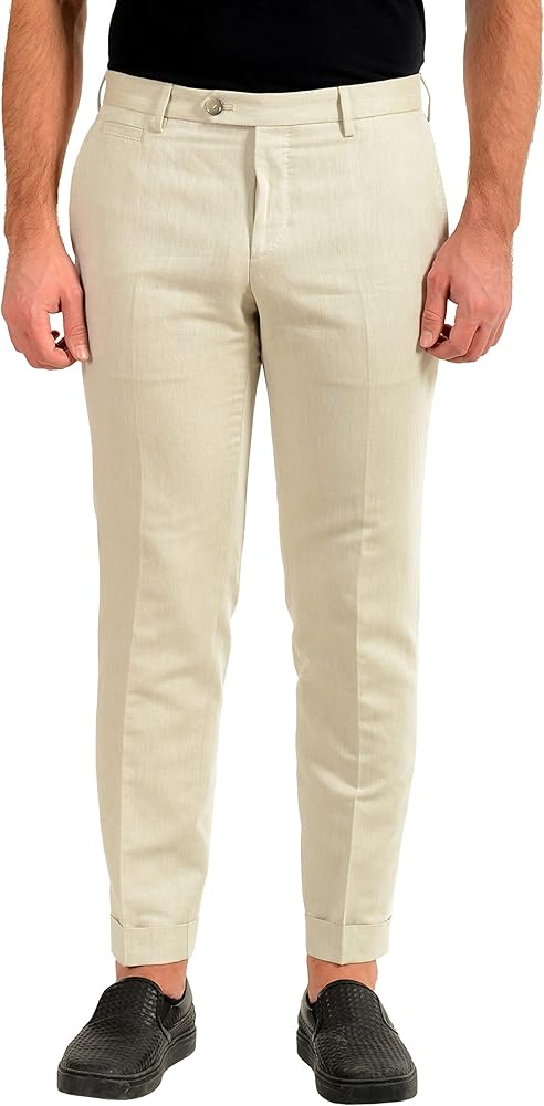 Hugo Boss Men's T-Bryce Tailored Beige Linen Flat Front Dress Pants US 38R IT 54