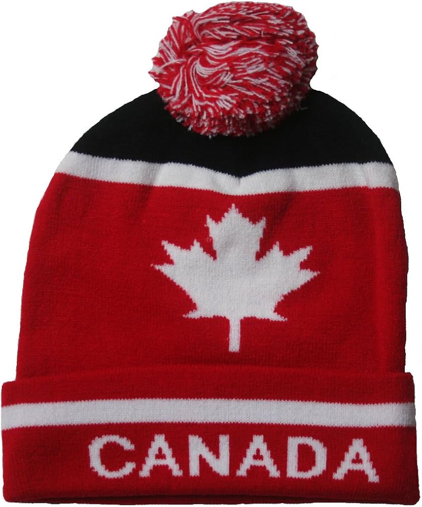 Canada White Maple Leaf Red - Black White Stripes Toque Hat with Pom Pom New .. New