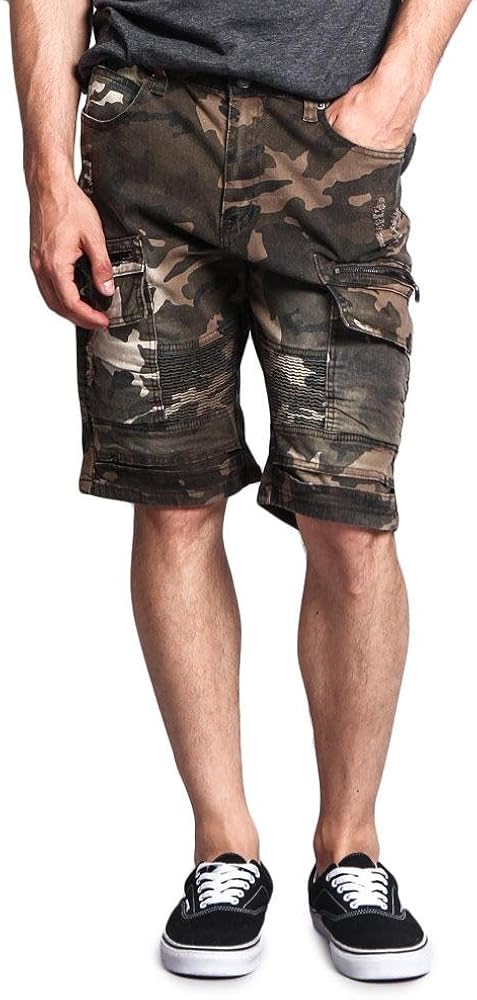 Men's Cargo Pocket Ribbed Distressed Biker Moto Style Shorts