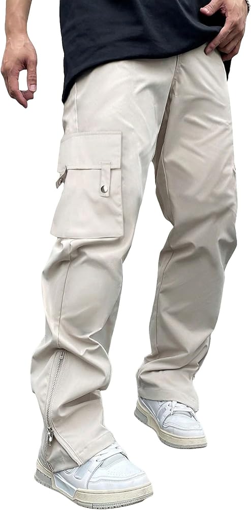 GORGLITTER Men's Split Hem Cargo Pants Drawstring Waist Zipper Baggy Streetwear with Pockets Beige XX-Large