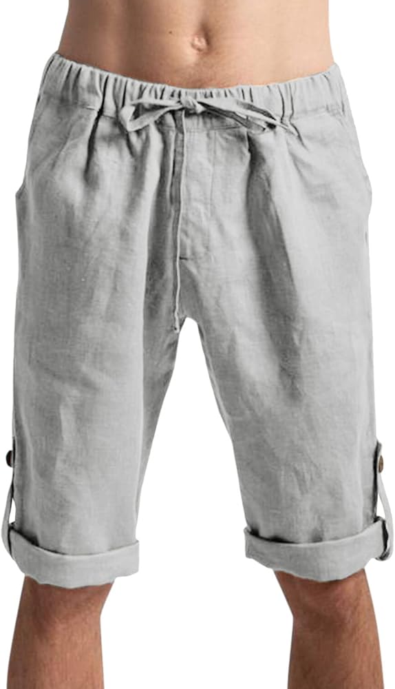 Men's Cotton Linen Pants Casual Beach 3/4 Shorts Summer Trousers Elastic Waist Drawstring Shorts with Pockets