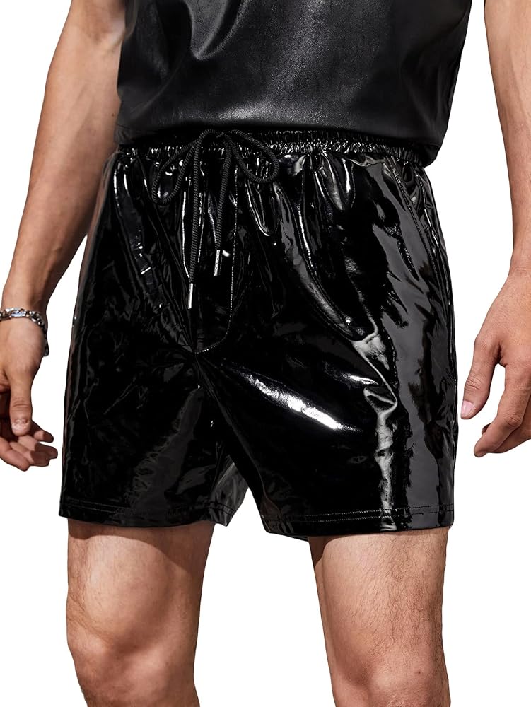 WDIRARA Men's Slant Pocket PU Leather Buttoms Drawstring Waist Straight Leg Shorts