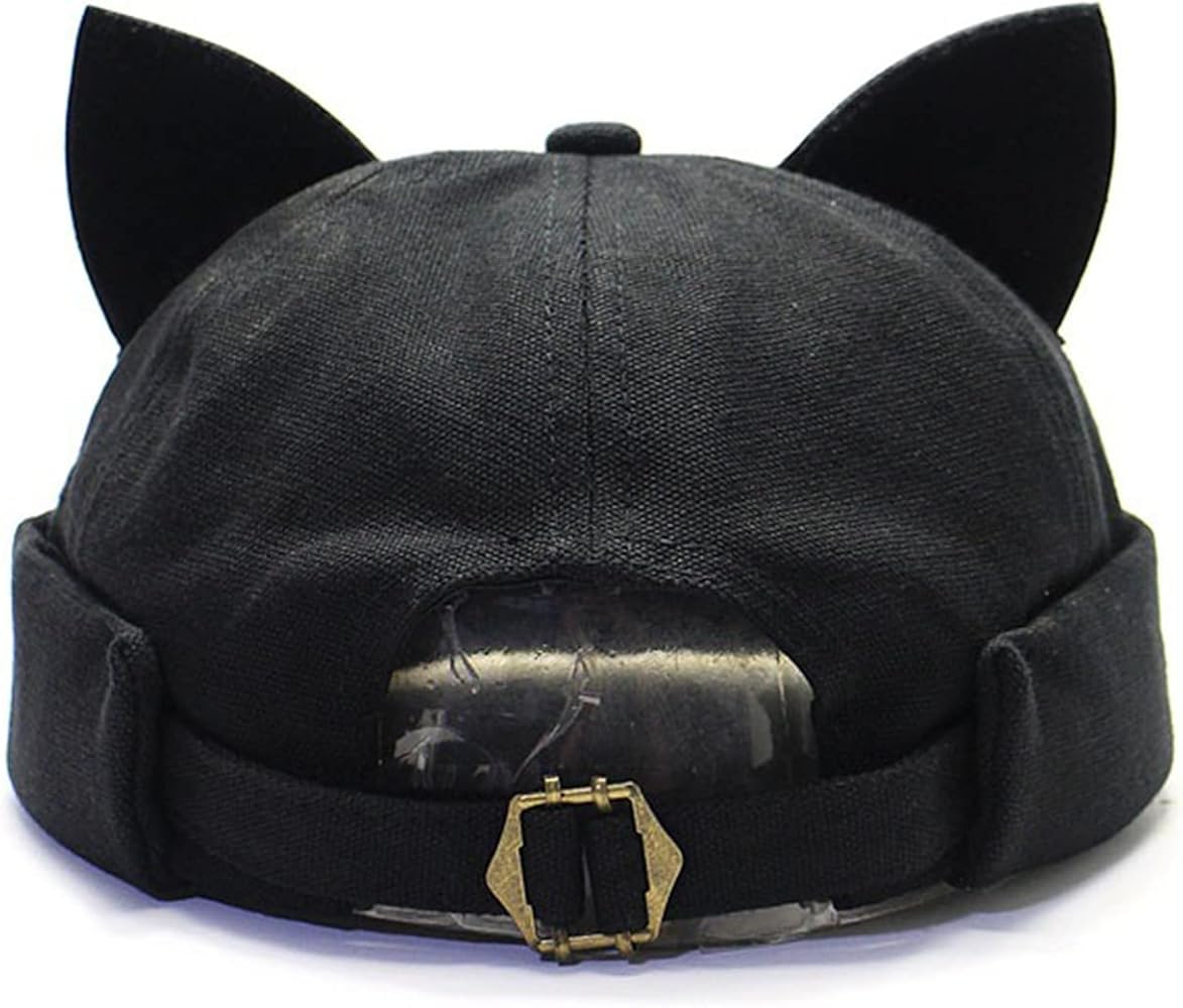 Retro Brimless Hats for Men Women Adjustable Rolled Cuff Docker Hat Beanie Skull Caps with Cat Ears