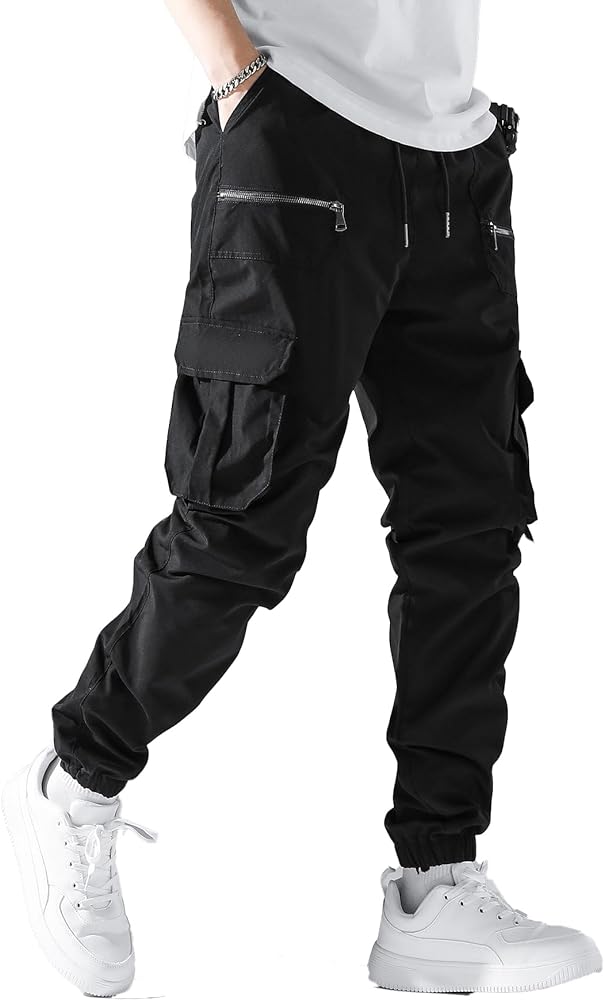 Verdusa Men's Drawstring Waist Zip Up Cargo Jogger Pants with Pocket