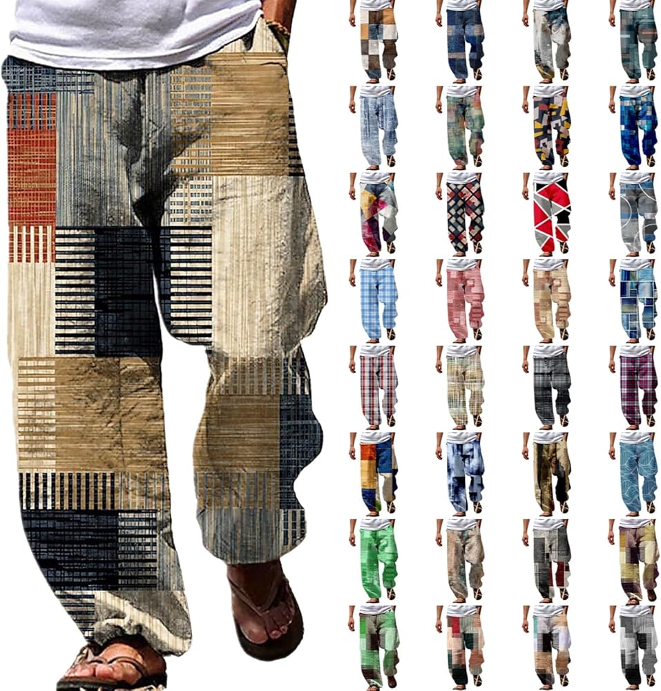 Men's Patchwork Plaid Summer Beach Pants Loose Fit Casual Lightweight Trousers Elastic Waist Lounge Pants with Pockets