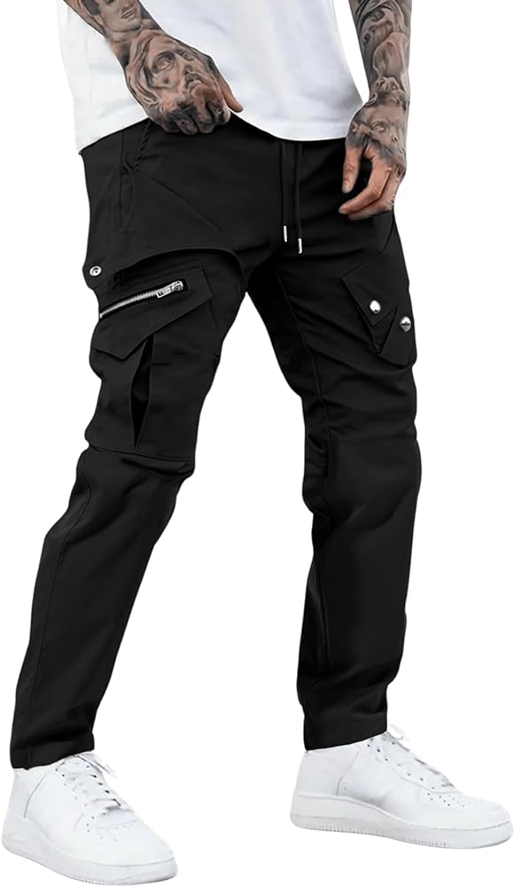 OYOANGLE Men's Drawstring Elastic Waist Flap Pocket Cargo Pants Streetwear Outdoor Hiking Trousers