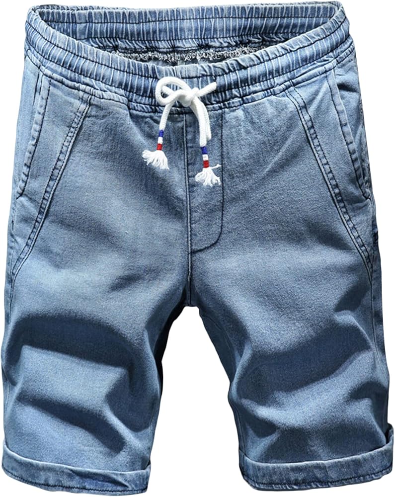 Men Relaxed Fit Denim Shorts Elastic Waist Drawstring Jeans Short Pants Lightweight Casual Summer Beach Shorts