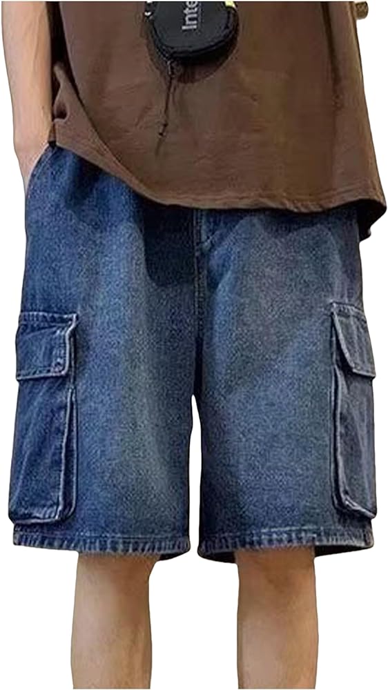 Mens Y2K Blue Denim Shorts Aesthetic Baggy Jeans Shorts Hip Hop Straight Leg Jorts Harajuku Streetwear