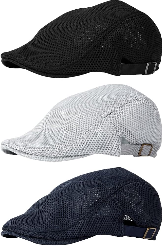 Men Mesh Flat Cap, 3PCS Adjustable Breathable Summer Newsboy Beret Hat Ivy Gatsby Cabbie Flat Cap for Driving Hunting