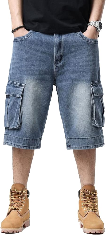 Men's Hip Hop Jeans Shorts Casual Baggy Denim Cargo Work Pants with Pockets