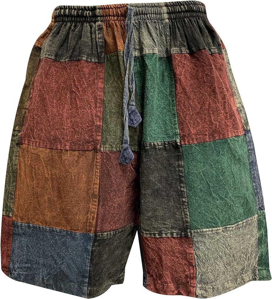 Men's Boho Bohemian Hippie Stonewashed Cotton Patchwork Colorblock Rustic Three Pocket Festival Shorts