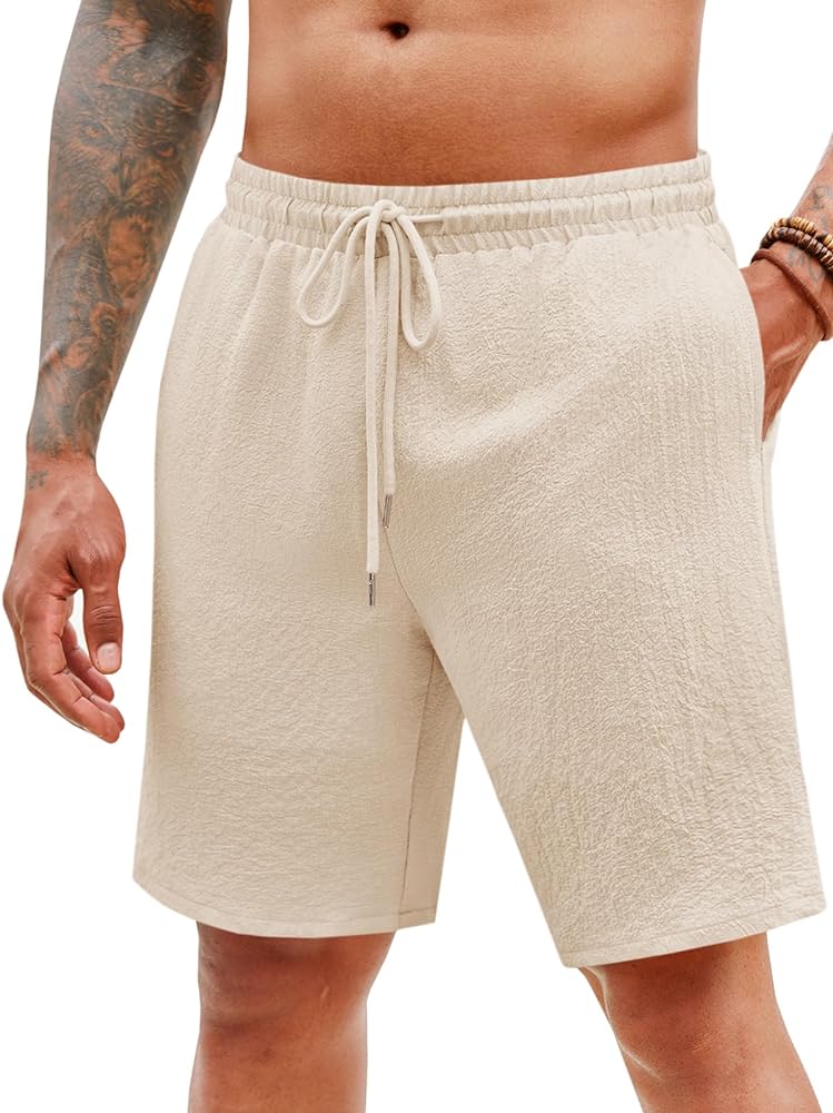 PASLTER Mens Casual Shorts Elastic Waist Drawstring Lightweight Summer Beach Textured Shorts