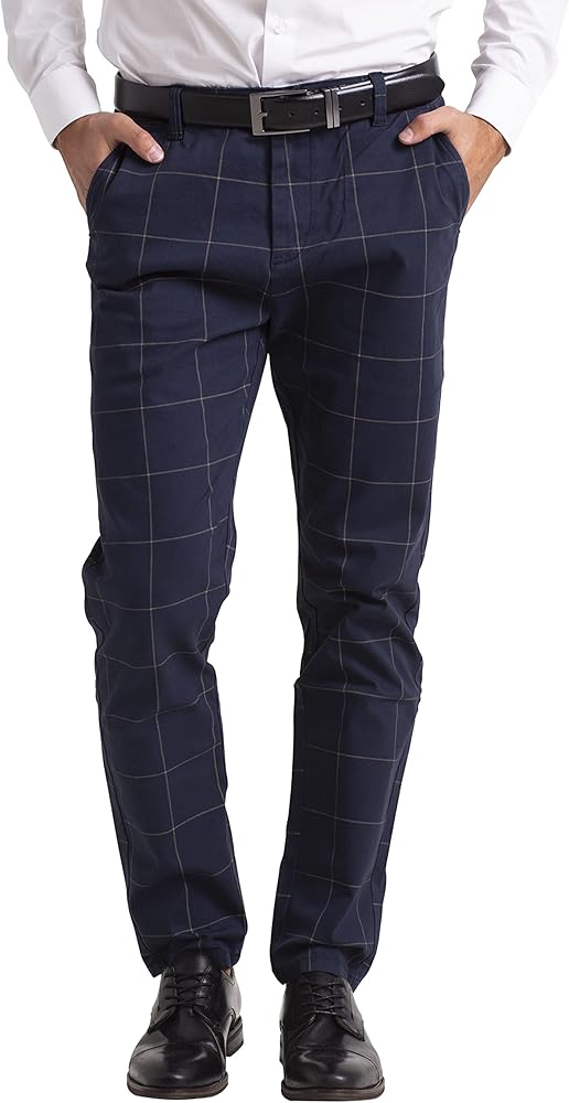 Men's Slim-Fit Plaid Checkered Pants - Flat-Front Comfort Chino Pants for Men