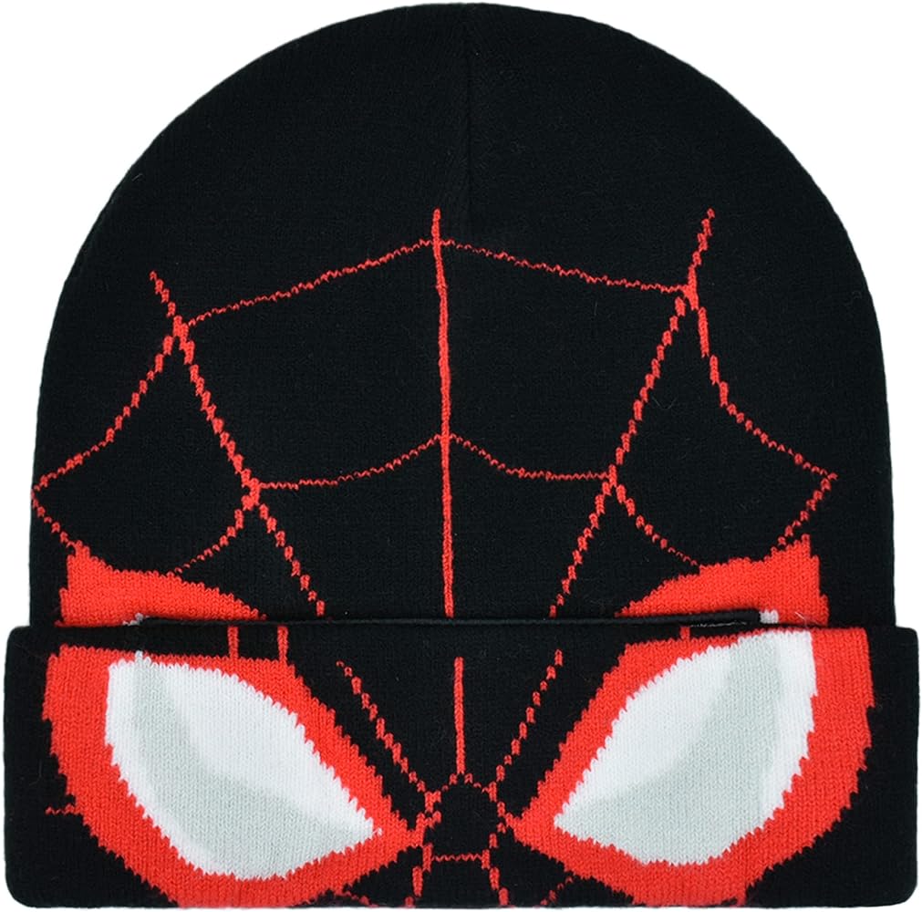 Concept One Marvel Spider-Man Miles Morales Roll Down Cuff Beanie Hat, Knitted Winter Skull Cap