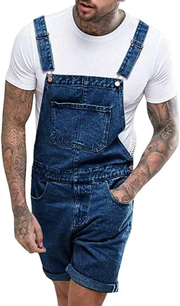 Mens Vintage Short Overalls Denim Bib Shorts Summer Outdoor Distressed Jeans Streetwear Jumpsuit Shorts with Big Pockets