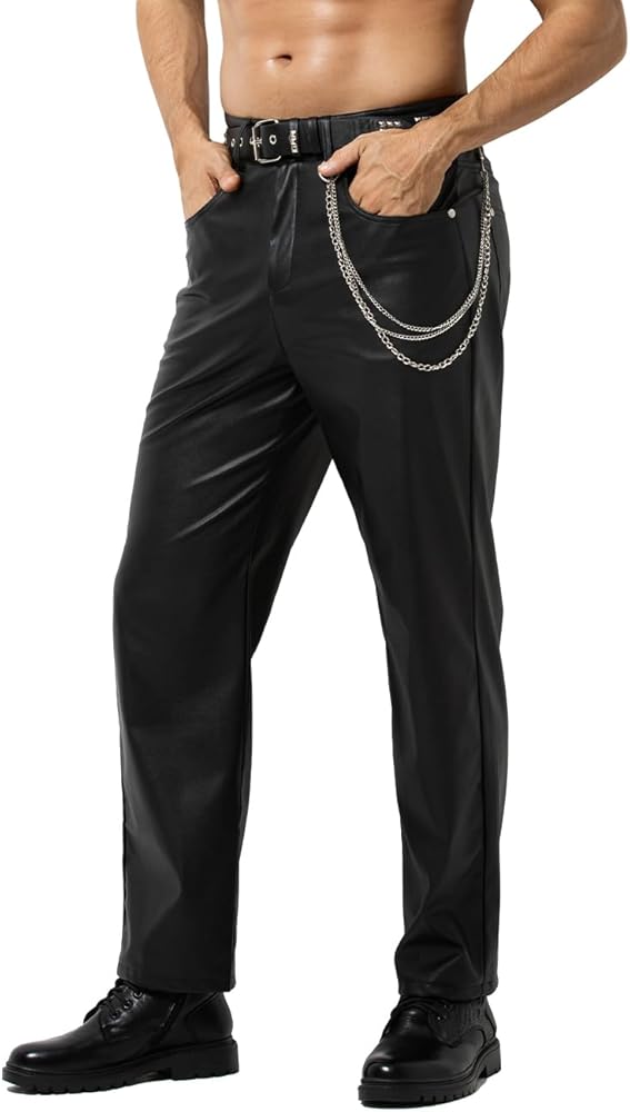 Arjen Kroos Faux Leather Disco Pants for Men Flat Front Straight Leg Trouser