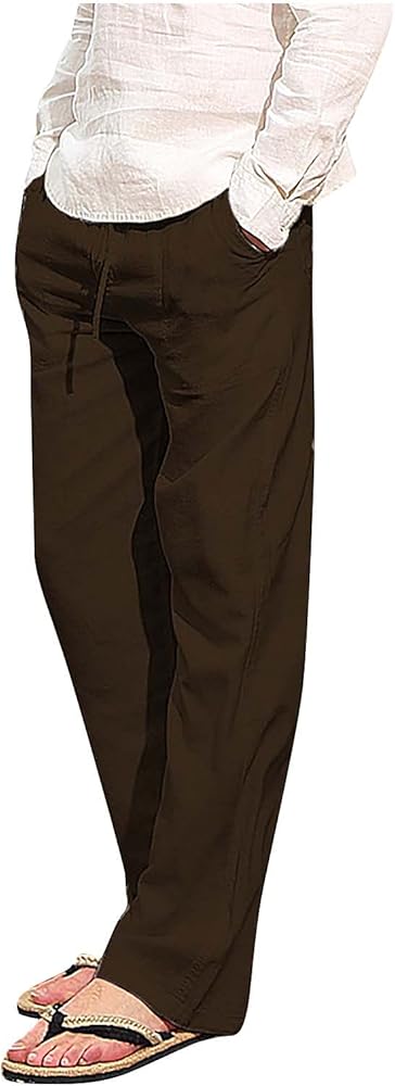 Mens Linen Pants Yoga Beach Loose Fit Lightweight Casual Summer Elastic Waist Drawstring Baggy Trousers with Pockets