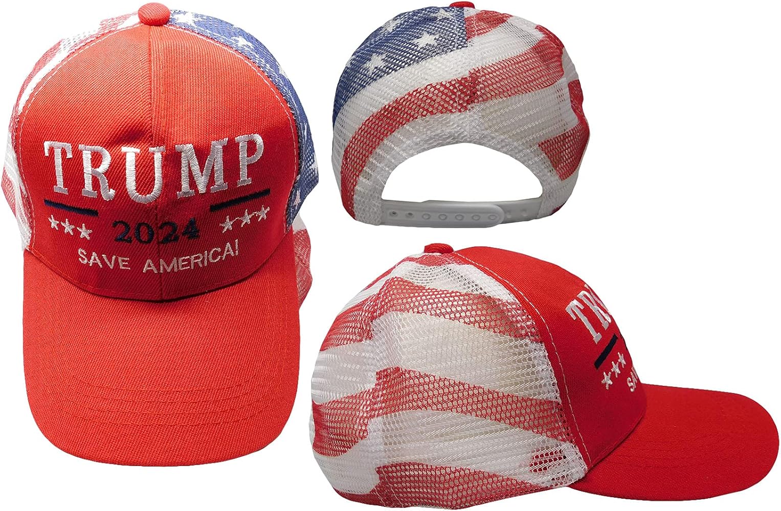 Trump 2024 Save America! Red USA Flag Mesh 100% Polyester Adjustable Embroidered Cap Hat