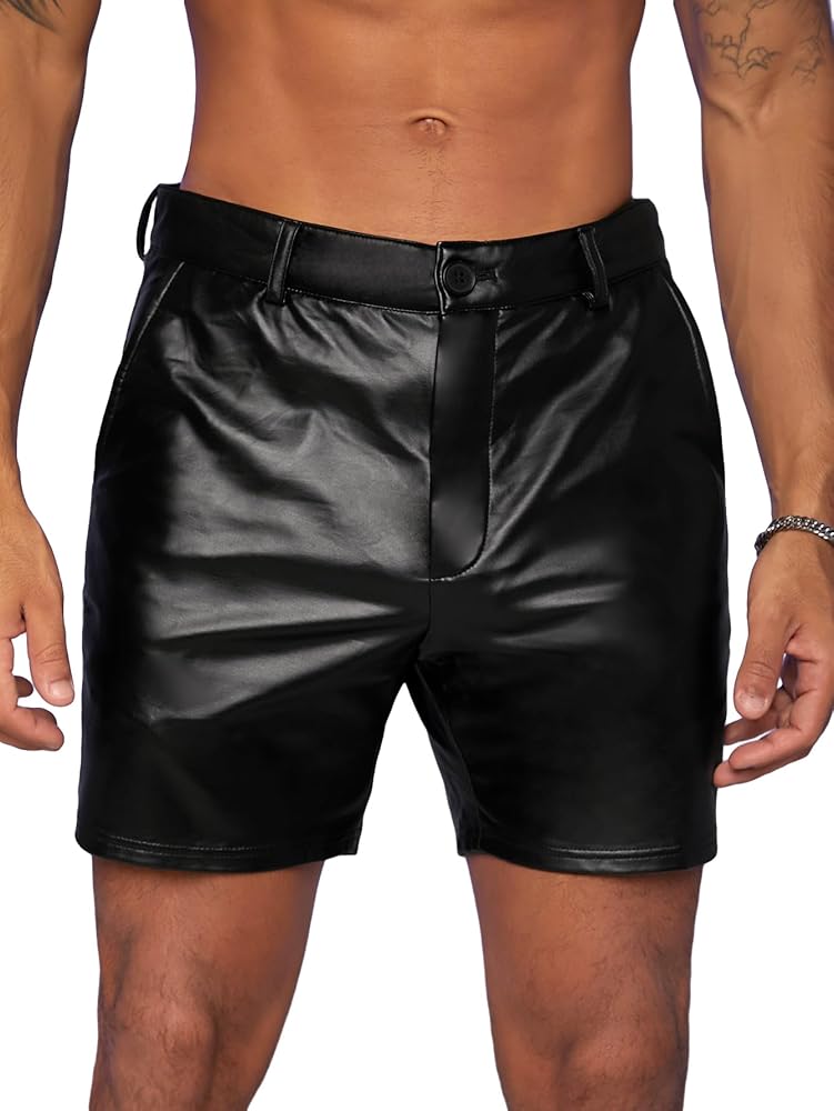 SHENHE Men's PU Leather Shorts Straight Leg Party Rave Club Shorts with Pocket